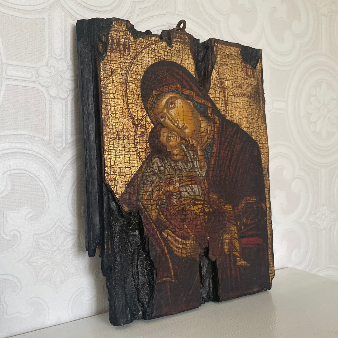 Hand-Painted Madonna and Child Icon – 20th Century, Russia