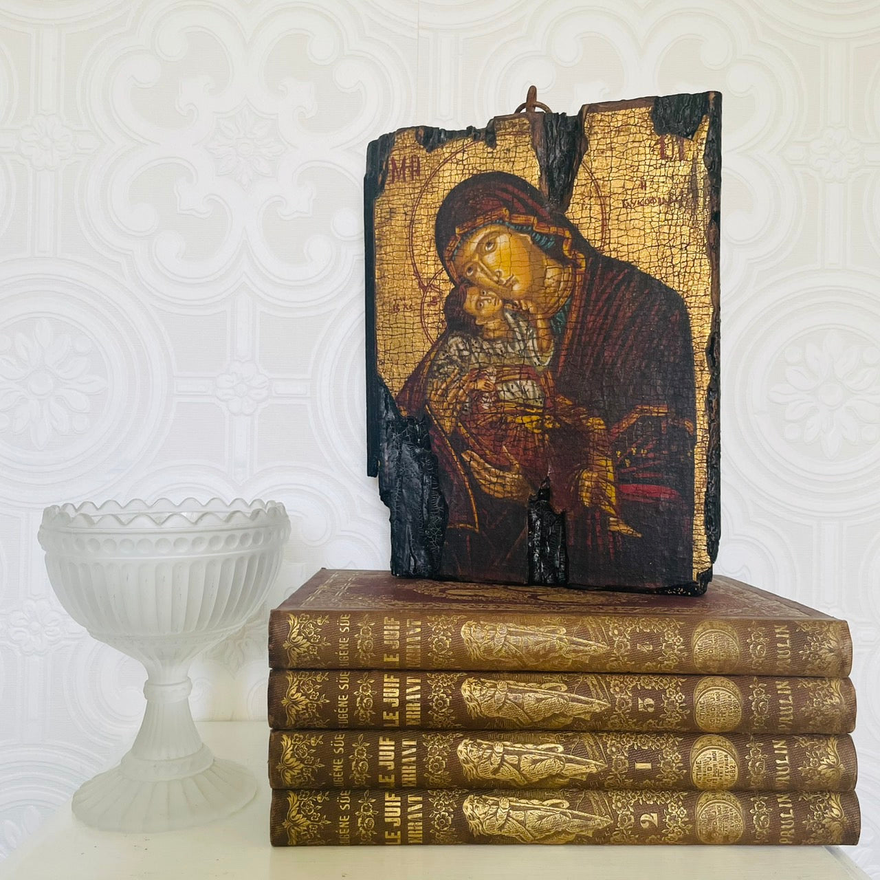 Hand-Painted Madonna and Child Icon – 20th Century, Russia