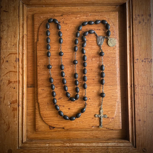Antique French Wood Bead Rosary with Lourdes & Cologne Medals – 1920s, France