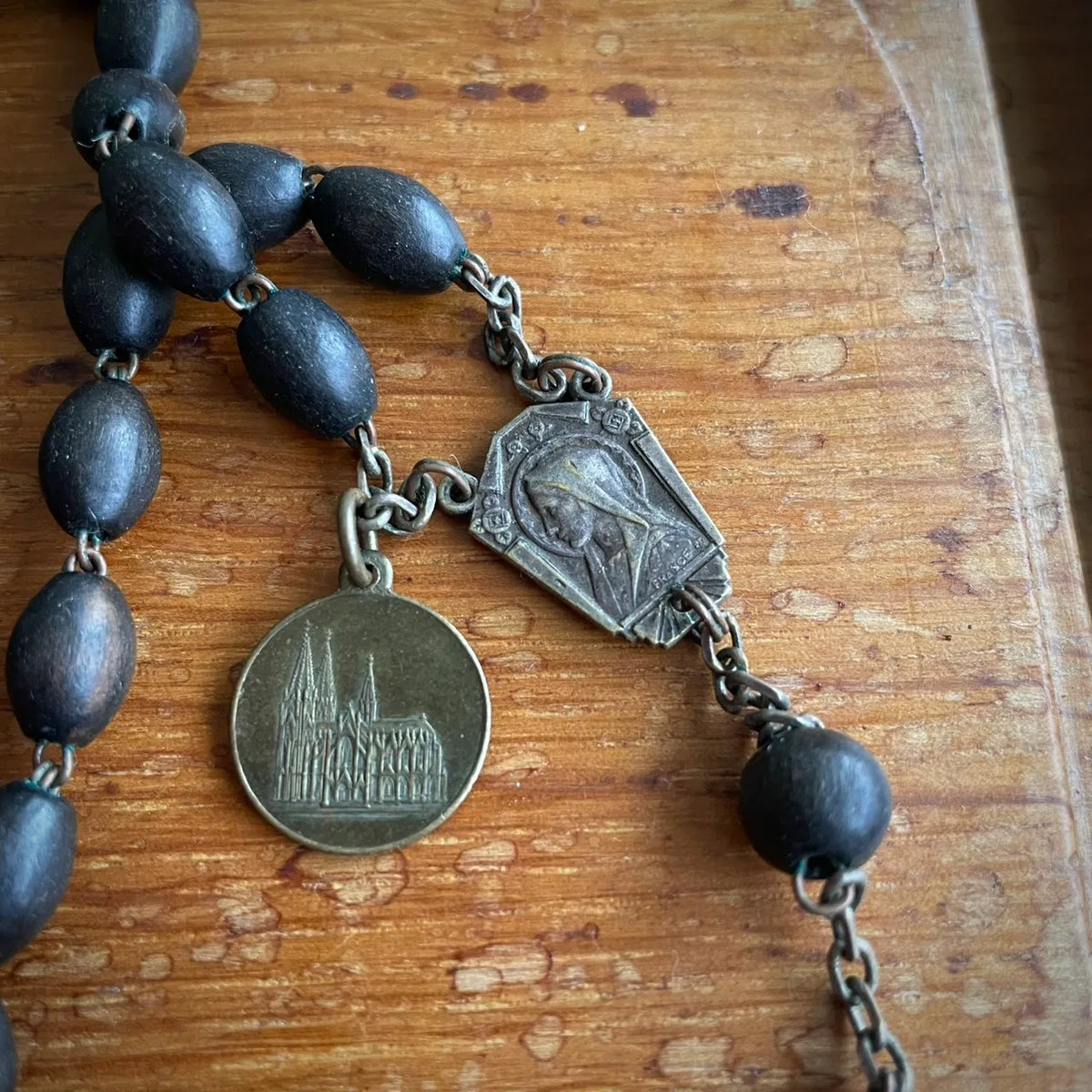 Antique French Wood Bead Rosary with Lourdes & Cologne Medals – 1920s, France