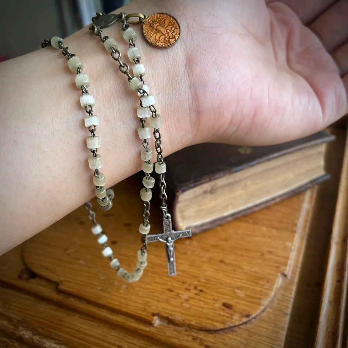 Vintage French Pocket Miniature Rosary with White Glass Beads – 1950s, France