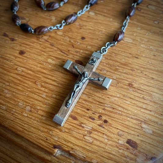 Vintage French Marbled Glass and Wood Rosary – 1950s, France