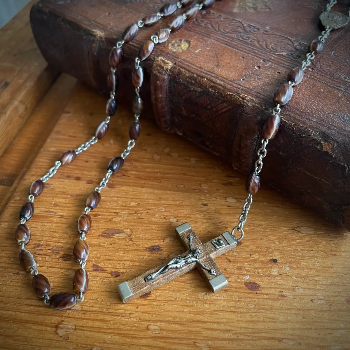 Vintage French Marbled Glass and Wood Rosary – 1950s, France