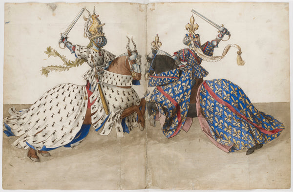 Icy après s'ensuit comant les deux ductz de Bretaigne et de Bourbon sont à cheval armoyez et timbrez ainsi qui seront au Tournoy. "Hereafter follows the two Dukes of Brittany and Bourbon on horseback armed and with crests as if they were at the tourney.