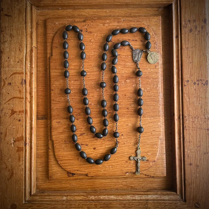 Antique French Wood Bead Rosary with Lourdes & Cologne Medals – 1920s, France