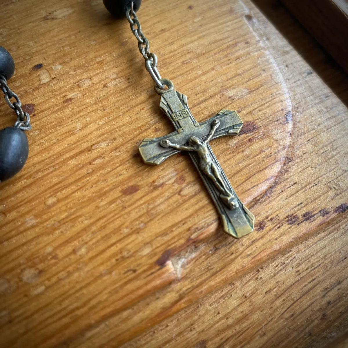 Antique French Wood Bead Rosary with Lourdes & Cologne Medals – 1920s, France
