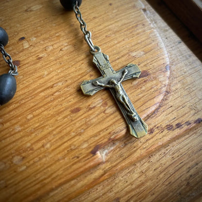 Antique French Wood Bead Rosary with Lourdes & Cologne Medals – 1920s, France