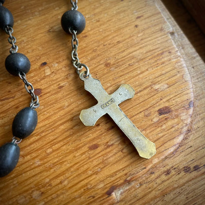 Antique French Wood Bead Rosary with Lourdes & Cologne Medals – 1920s, France
