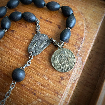 Antique French Wood Bead Rosary with Lourdes & Cologne Medals – 1920s, France