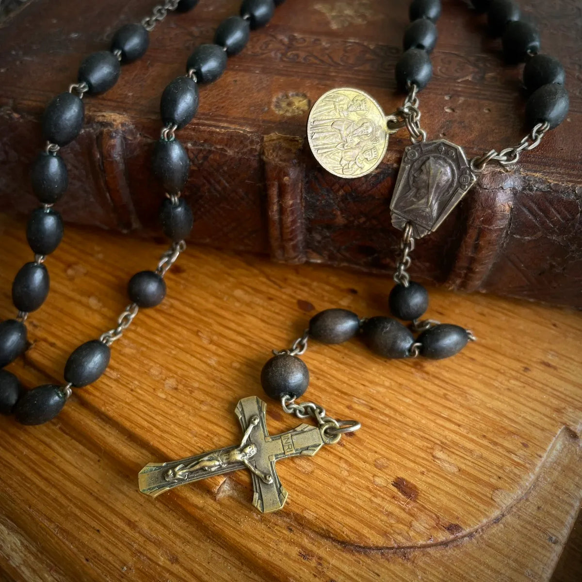 Antique French Wood Bead Rosary with Lourdes & Cologne Medals – 1920s, France