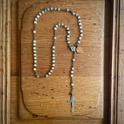 Vintage French Pocket Miniature Rosary with White Glass Beads – 1950s, France