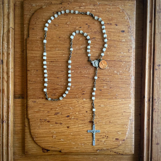 Vintage French Pocket Miniature Rosary with White Glass Beads – 1950s, France