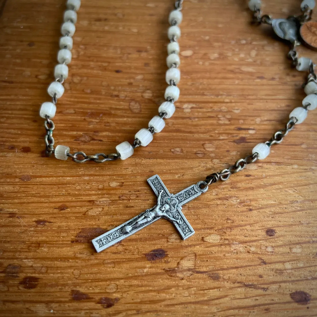 Vintage French Pocket Miniature Rosary with White Glass Beads – 1950s, France