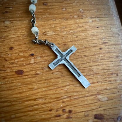 Vintage French Pocket Miniature Rosary with White Glass Beads – 1950s, France