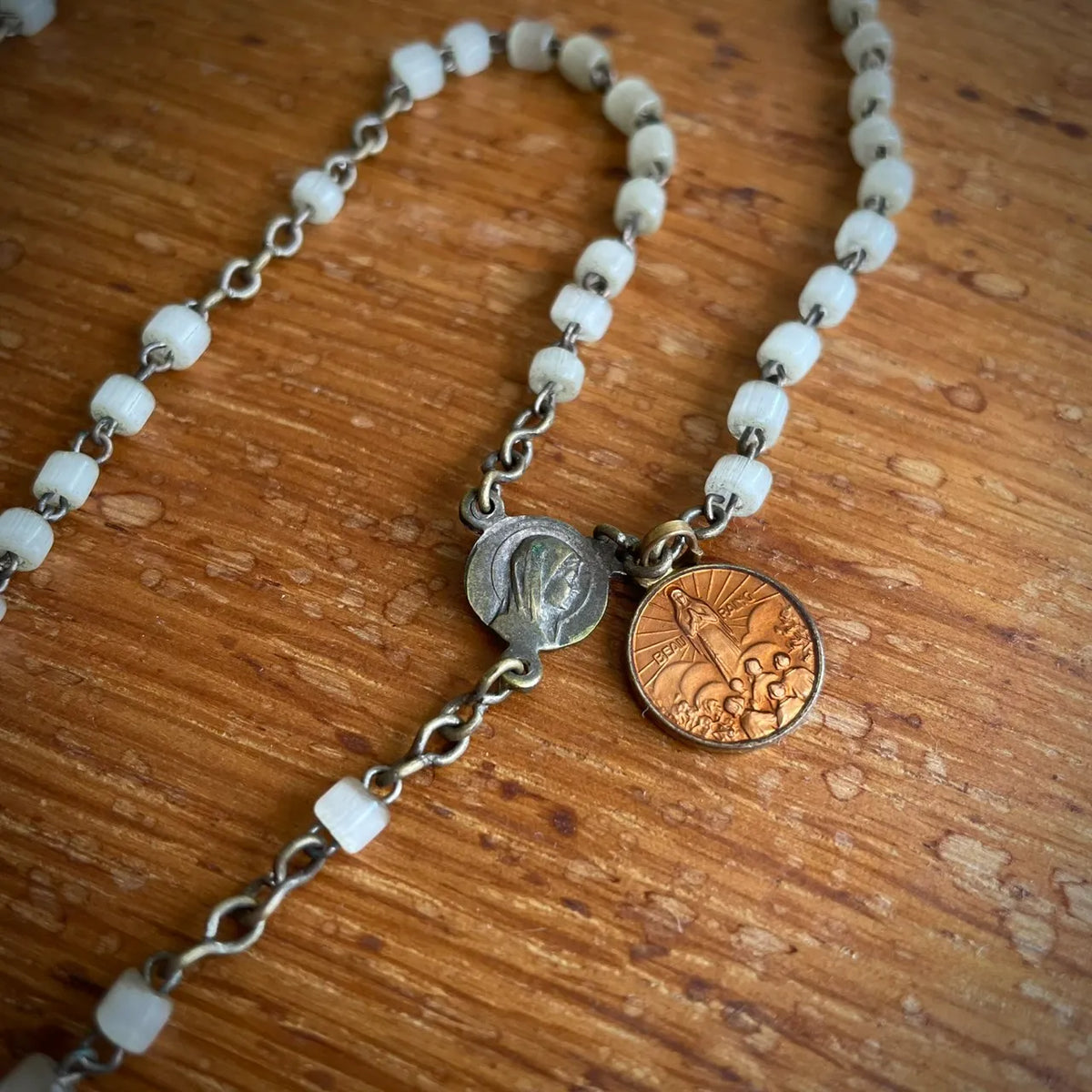 Vintage French Pocket Miniature Rosary with White Glass Beads – 1950s, France