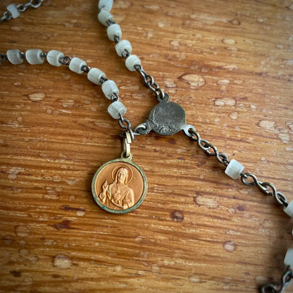 Vintage French Pocket Miniature Rosary with White Glass Beads – 1950s, France
