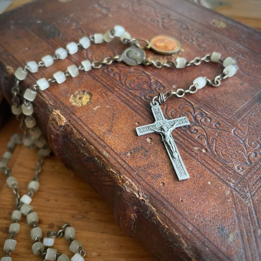 Vintage French Pocket Miniature Rosary with White Glass Beads – 1950s, France