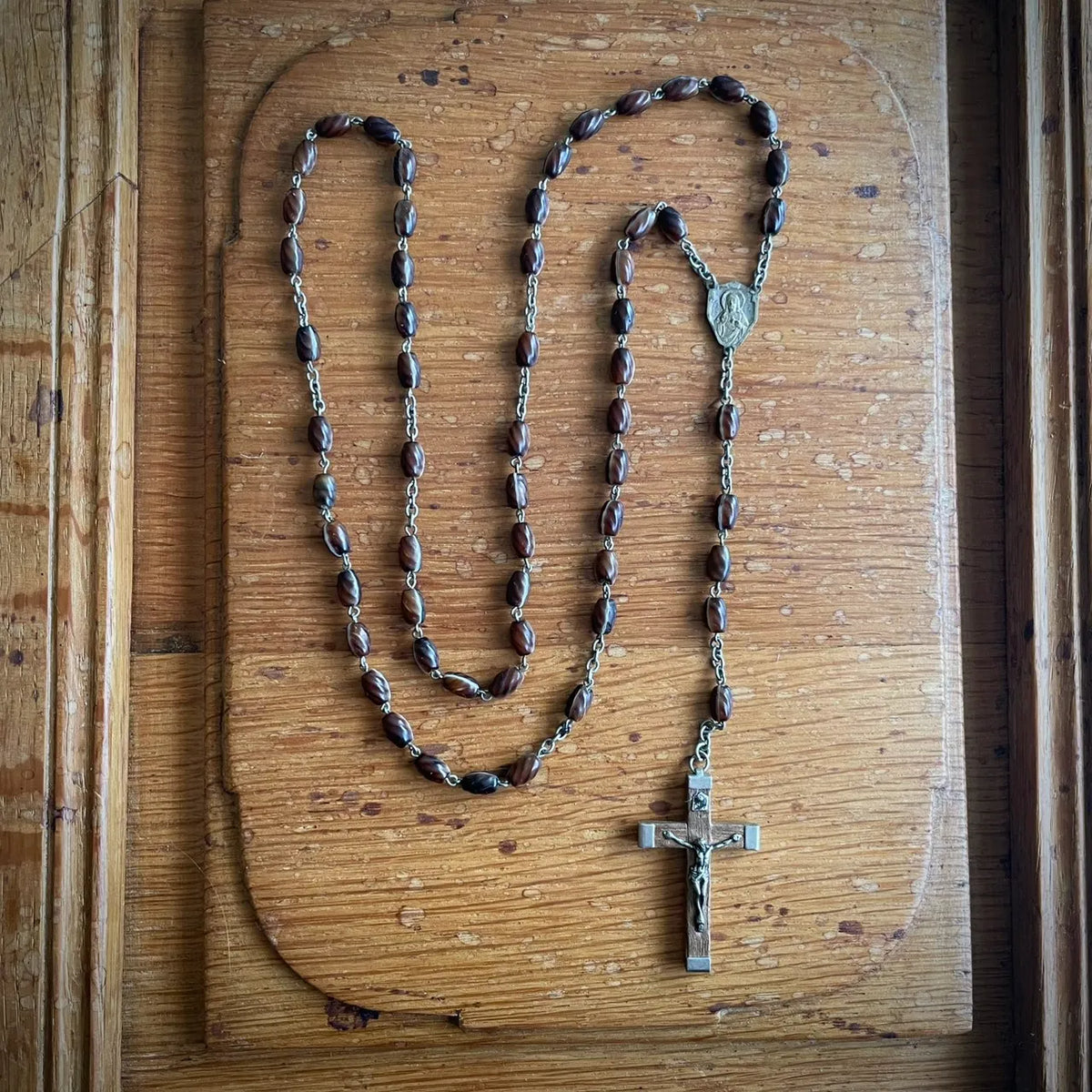 Vintage French Marbled Glass and Wood Rosary – 1950s, France