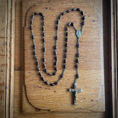Vintage French Marbled Glass and Wood Rosary – 1950s, France