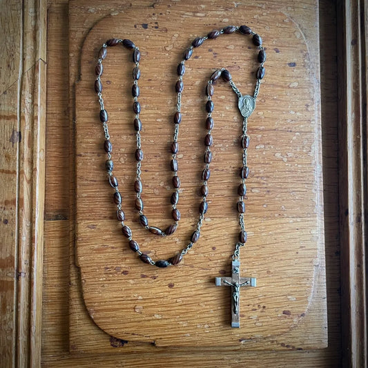 Vintage French Marbled Glass and Wood Rosary – 1950s, France