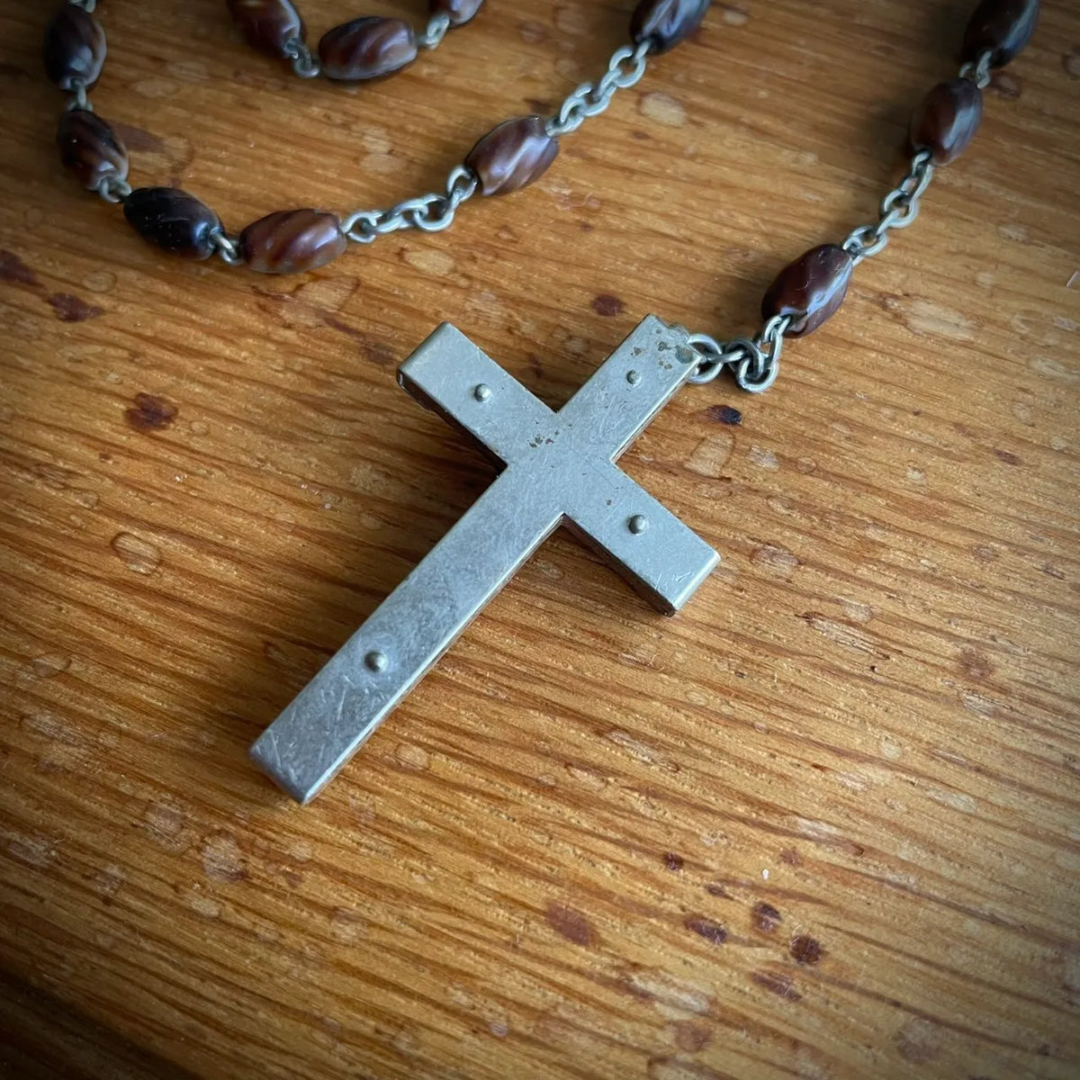 Vintage French Marbled Glass and Wood Rosary – 1950s, France
