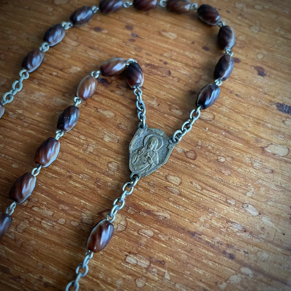 Vintage French Marbled Glass and Wood Rosary – 1950s, France