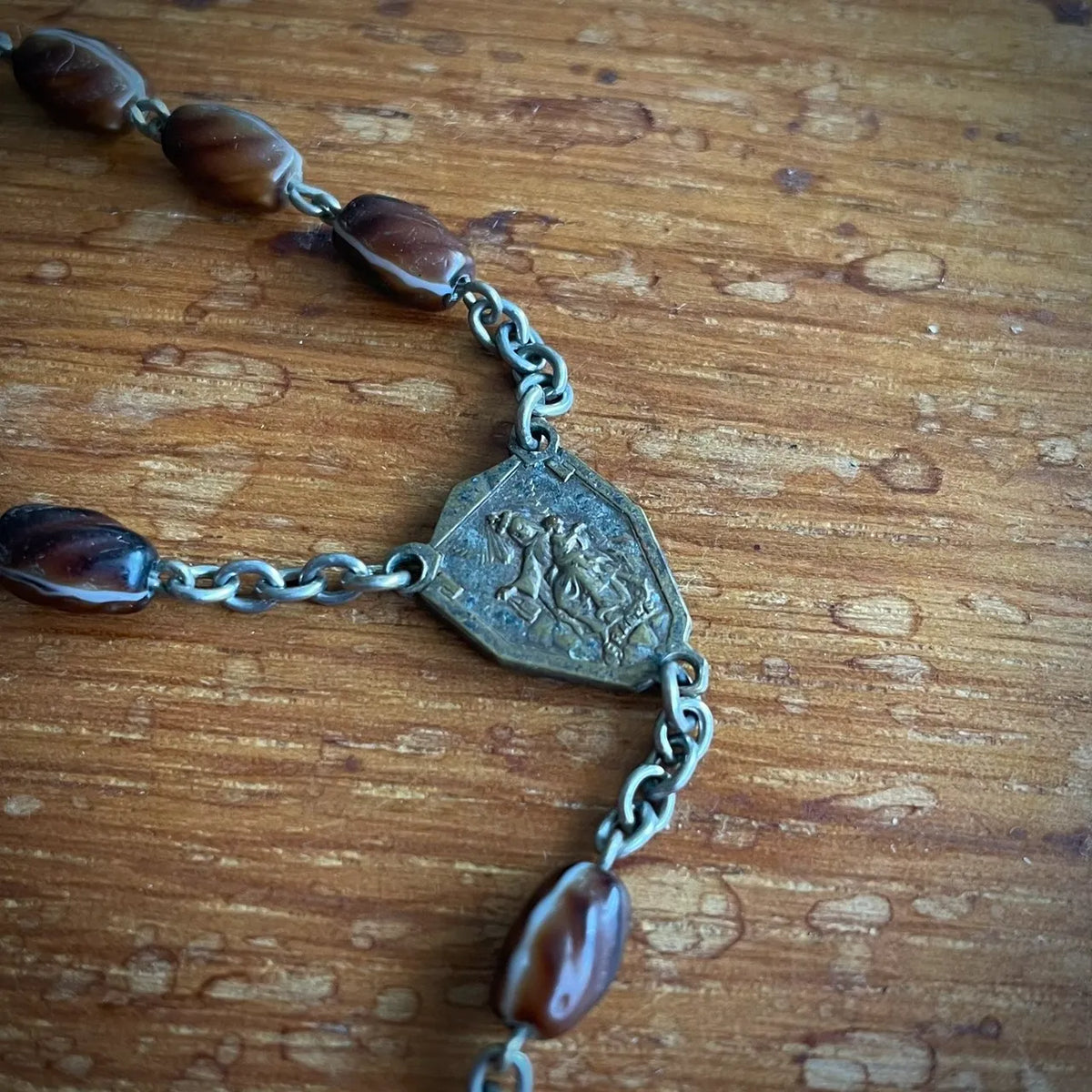 Vintage French Marbled Glass and Wood Rosary – 1950s, France